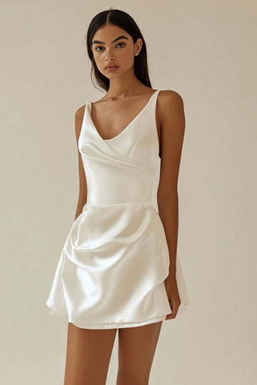 A Line Satin White V Neck Graduation Dress